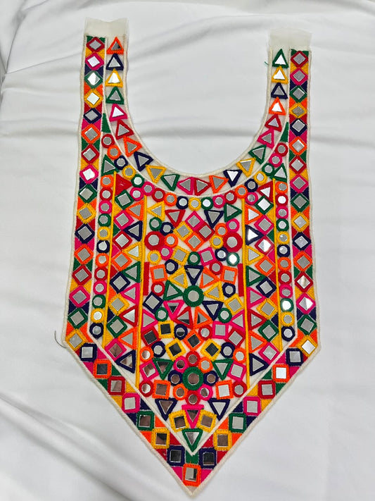 Multicoloured Mirror Work Neck Patch for Navratri, Kurtis, Dresses & Blouses – Designer Handcrafted Ethnic Neckline Applique | DC0989