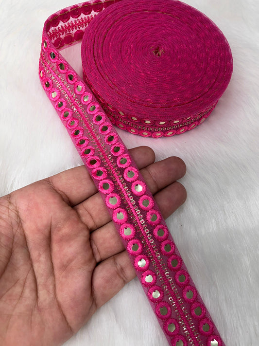 Mirror Lace Border Trims - 9 Meter Decorative Mirror Work Embellishments | D Pink