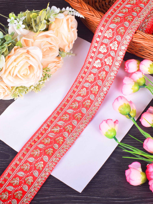 Soft Blush red Floral Embroidered Sabhyasachi Lace – 9 Meter Roll