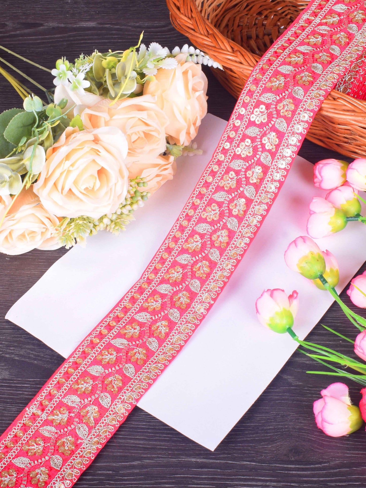 Soft Coral Pink Floral Embroidered Sabhyasachi Lace – 9 Meter Roll