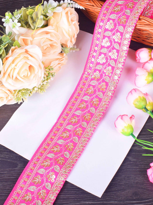 Neon Pink Floral Embroidered Sabhyasachi Lace – 9 Meter Roll