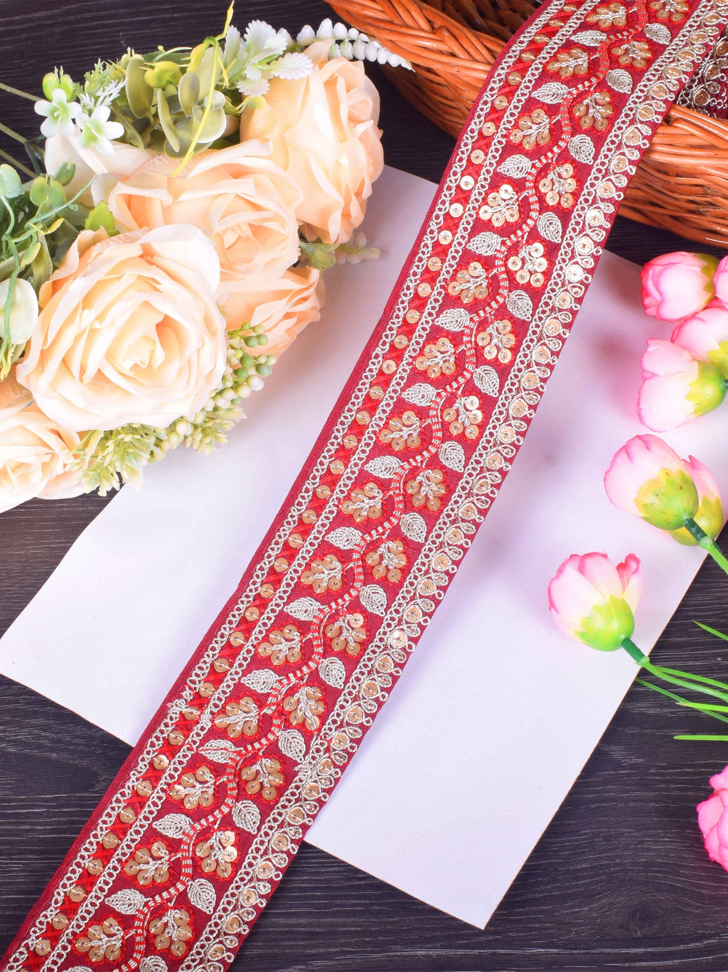 Crimson Rose Floral Embroidered Sabhyasachi Lace – 9 Meter Roll
