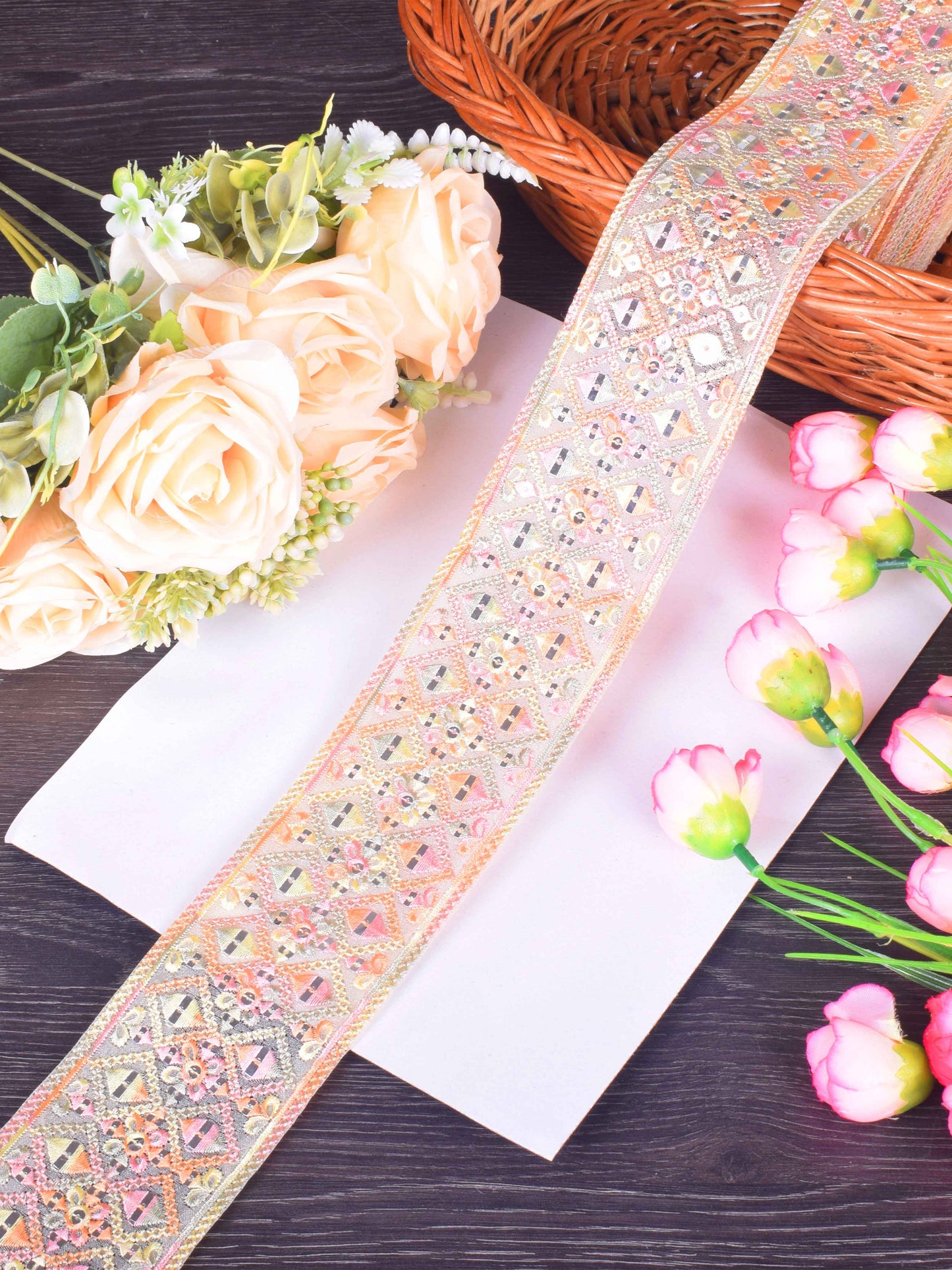 Powdered Peach Floral Embroidered Sabhyasachi Lace – 9 Meter Roll