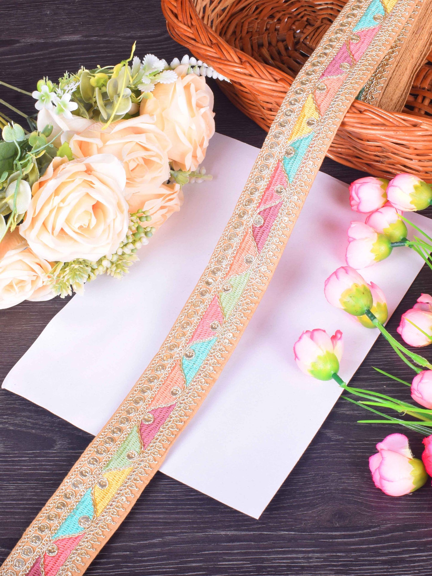 Refined Embroidered Sabhyasachi Lace in Warm Sienna Blush – 9 Meter Roll