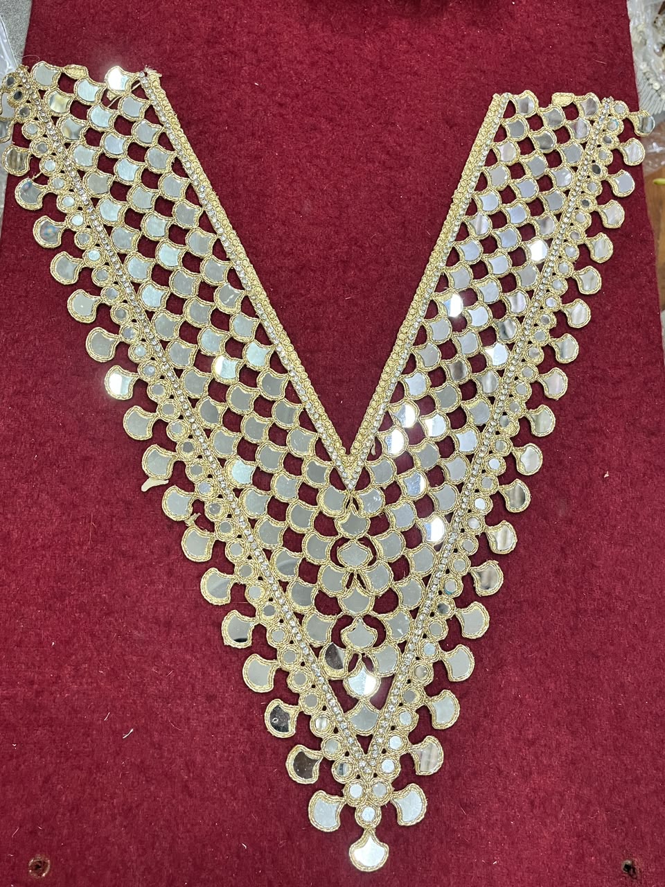 Real Mirror Work Neck Patch for Kurtis, Dresses & Blouses – Designer Handcrafted Mirror Neckline Applique | DC0992 | Dal Gold