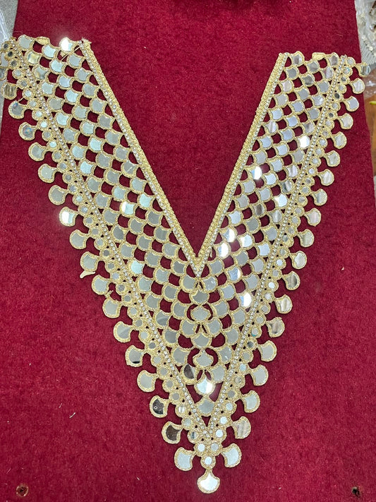 Real Mirror Work Neck Patch for Kurtis, Dresses & Blouses – Designer Handcrafted Mirror Neckline Applique | DC0992 | Dal Gold
