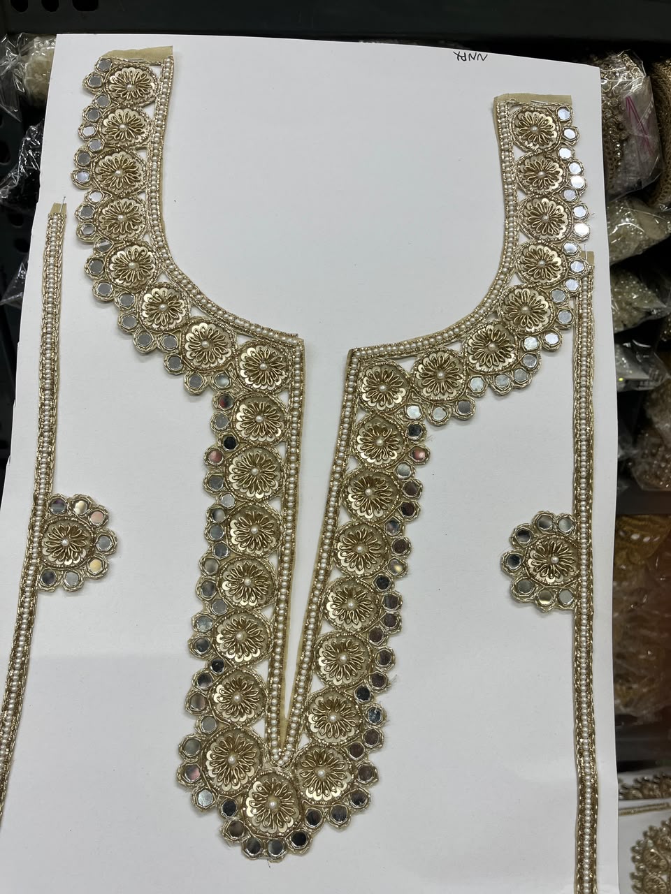 Designer Zardozi Mirror Work Neck Patch for Kurtis, Dresses & Blouses – Premium Handcrafted Embroidered Neckline Applique | DC1006 | Dal Gold