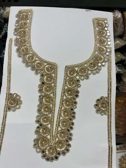 Designer Zardozi Mirror Work Neck Patch for Kurtis, Dresses & Blouses – Premium Handcrafted Embroidered Neckline Applique | DC1006 | Dal Gold
