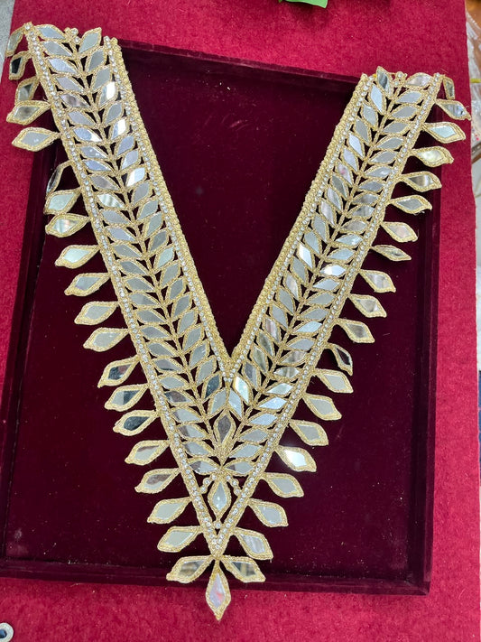 Real Mirror Work Neck Patch for Kurtis, Dresses & Blouses – Designer Handcrafted Mirror Neckline Applique | DC0985 | Dal Gold