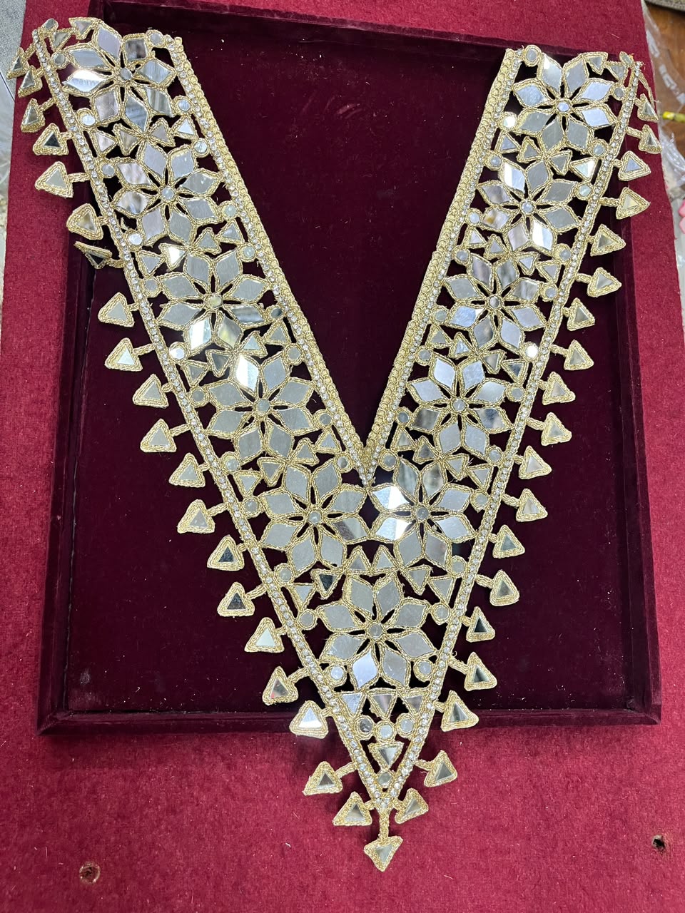 Real Mirror Work Neck Patch for Kurtis, Dresses & Blouses – Designer Handcrafted Mirror Neckline Applique | DC0987 | Dal Gold