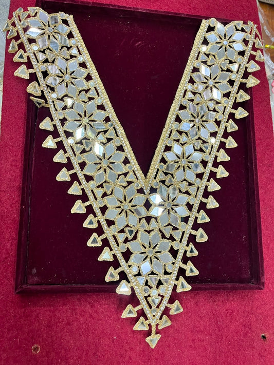Real Mirror Work Neck Patch for Kurtis, Dresses & Blouses – Designer Handcrafted Mirror Neckline Applique | DC0987 | Dal Gold