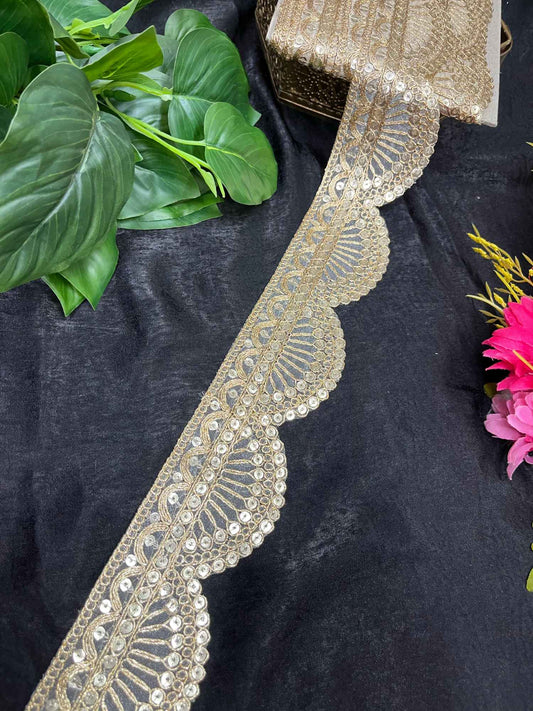 Elegance Gold Sequin Scallop Lace – 9 Meters, 2-Inch Embroidered Border for Sarees, Lehengas & Dupattas | Dark Gold
