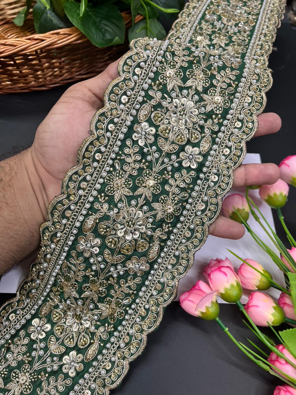 Exclusive Bridal Lace Collection – Premium Heavy Lehenga Border for Sarees, Dupattas & Wedding Outfits (9 Meter, 5 Inch Width) | Dark Green