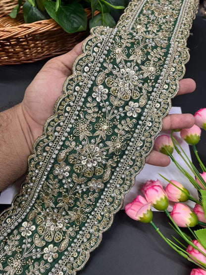 Exclusive Bridal Lace Collection – Premium Heavy Lehenga Border for Sarees, Dupattas & Wedding Outfits (9 Meter, 5 Inch Width) | Dark Green