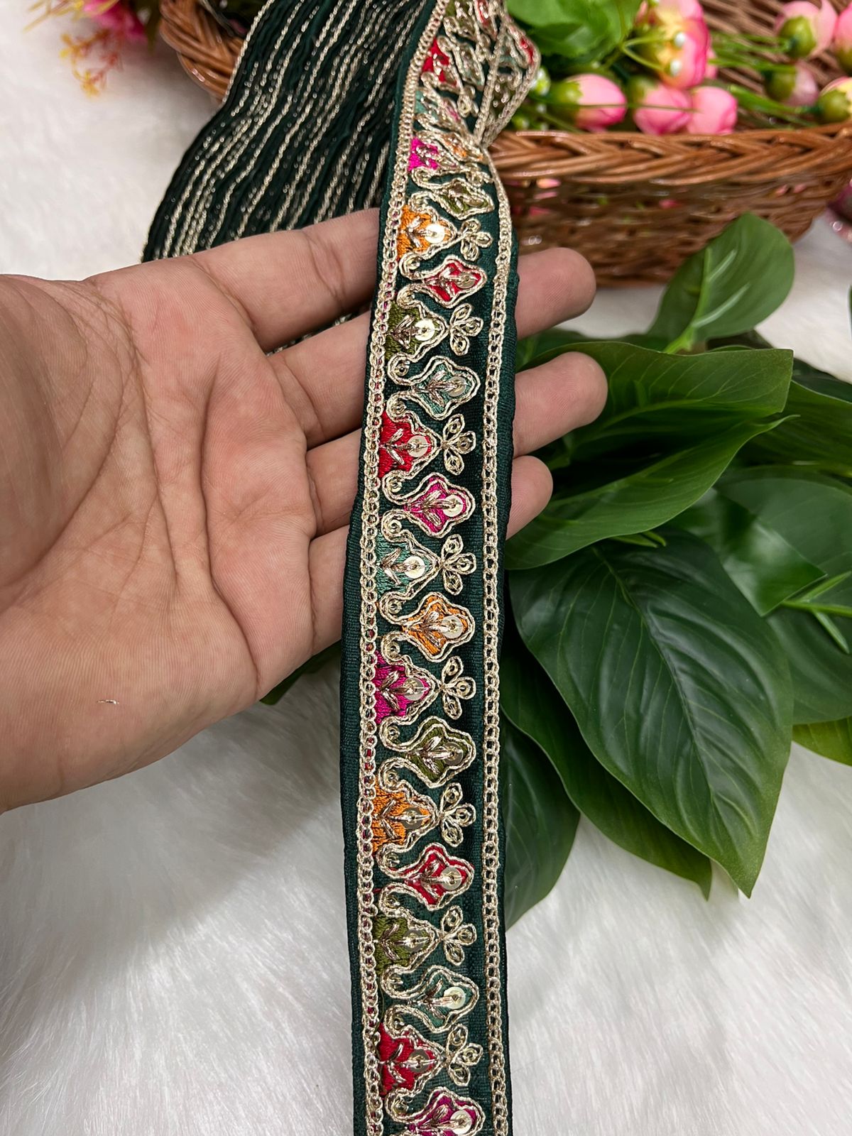 Sabyasachi-Inspired Embroidered Designer Lace Border – 9 Meter Roll, 1 Inch Wide for Ethnic & Creative Projects | Dark Green