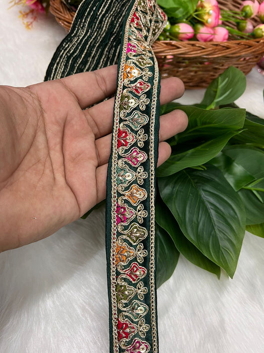 Sabyasachi-Inspired Embroidered Designer Lace Border – 9 Meter Roll, 1 Inch Wide for Ethnic & Creative Projects | Dark Green