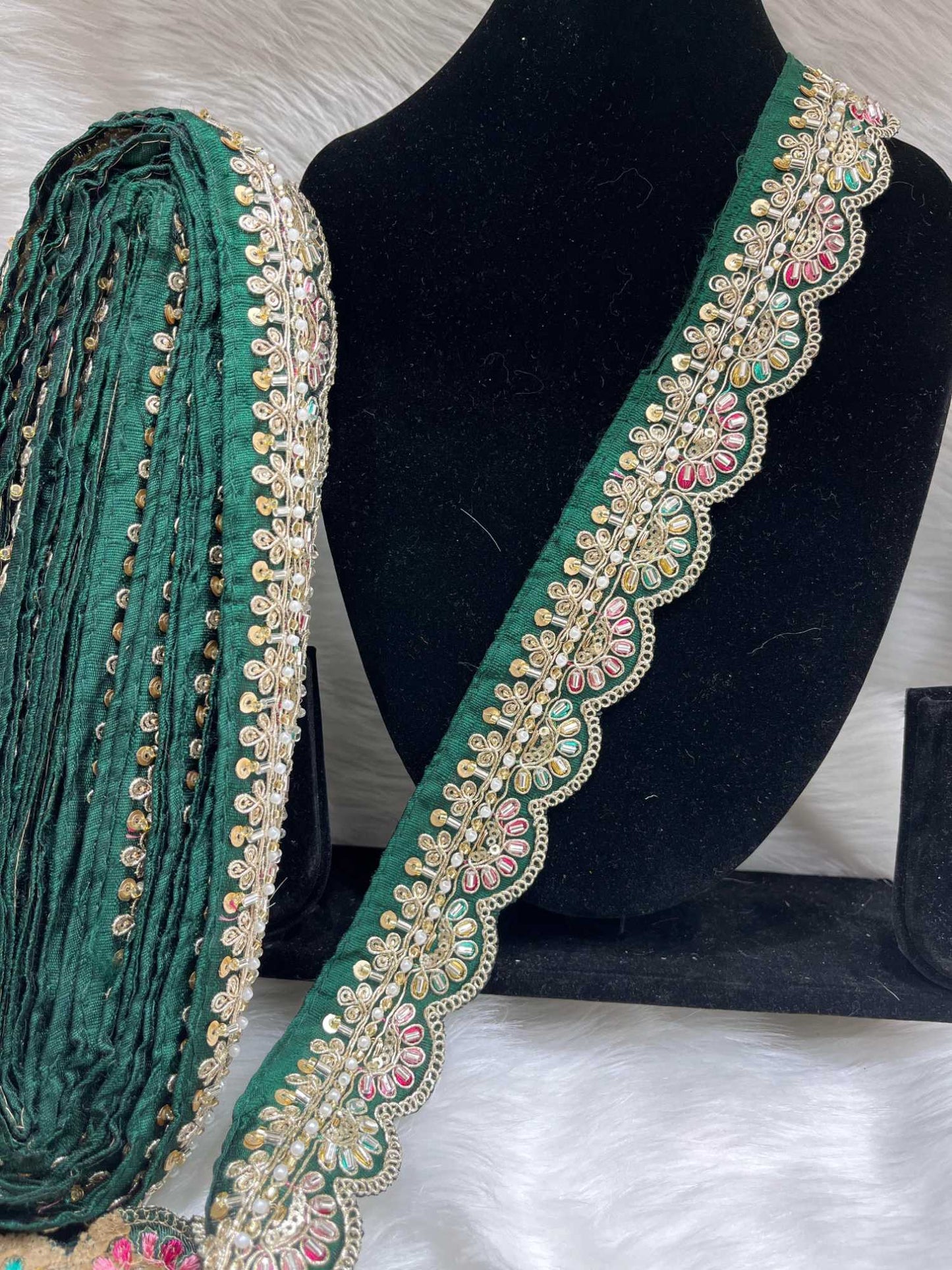 Scalloped Handwork Cutdana & Pearl Embroidered Saree Lace – 9 Meters, 1.5-Inch Maggam Work Border Trim | Dark Green
