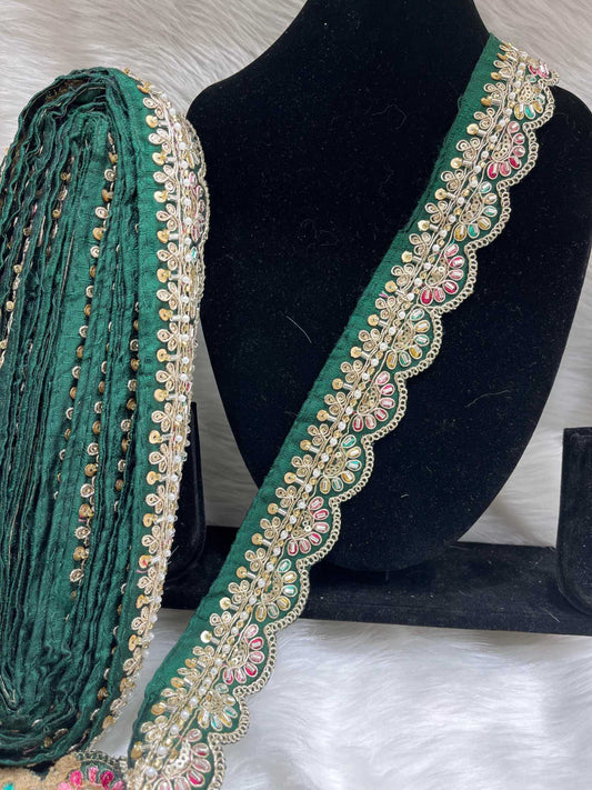 Scalloped Handwork Cutdana & Pearl Embroidered Saree Lace – 9 Meters, 1.5-Inch Maggam Work Border Trim | Dark Green