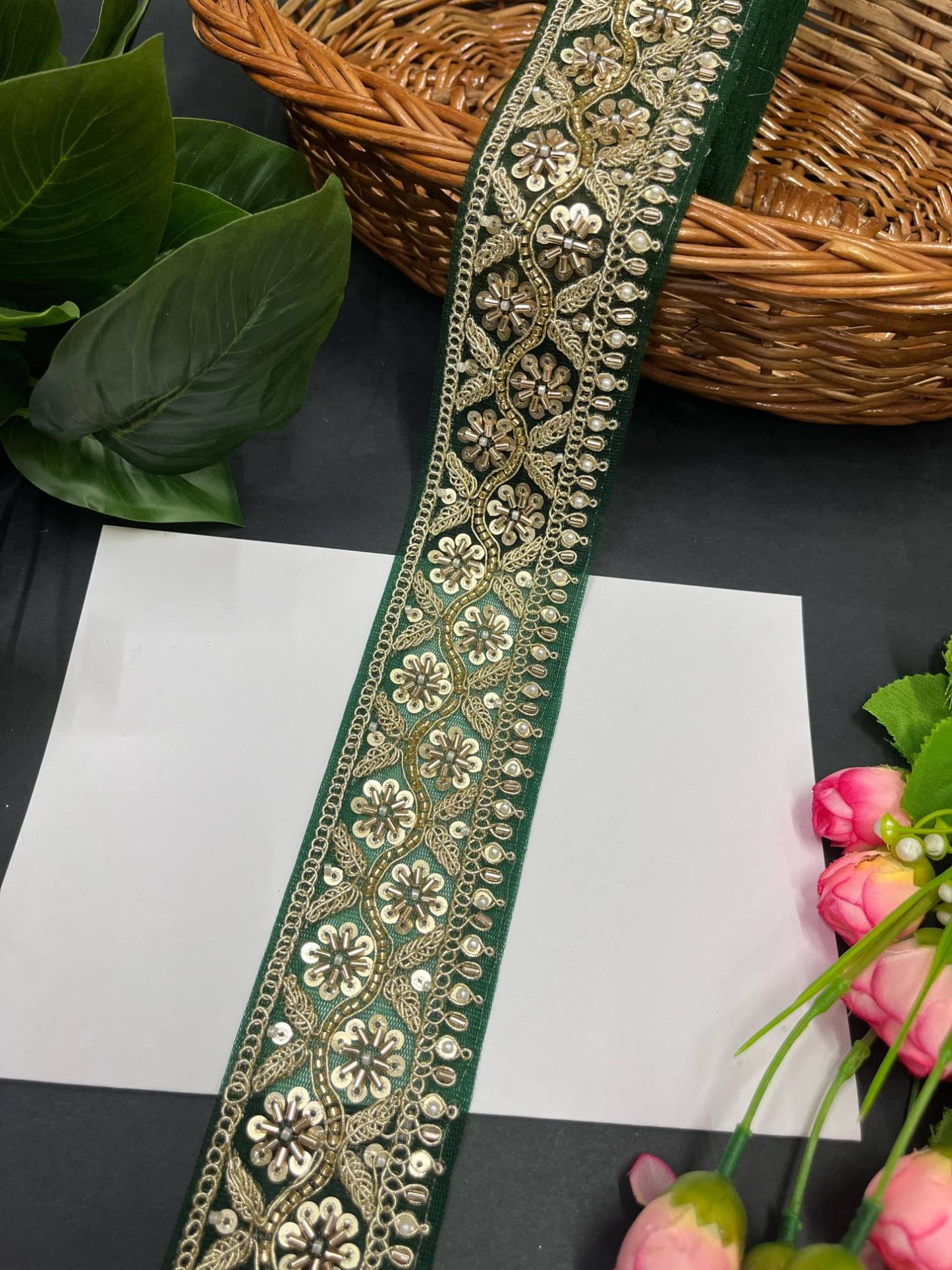 Katdana and Beaded Saree Lace – 9 Meters, 2.5-Inch Maggam Work Embroidered Border for Lehengas & Dupattas | Dark Green