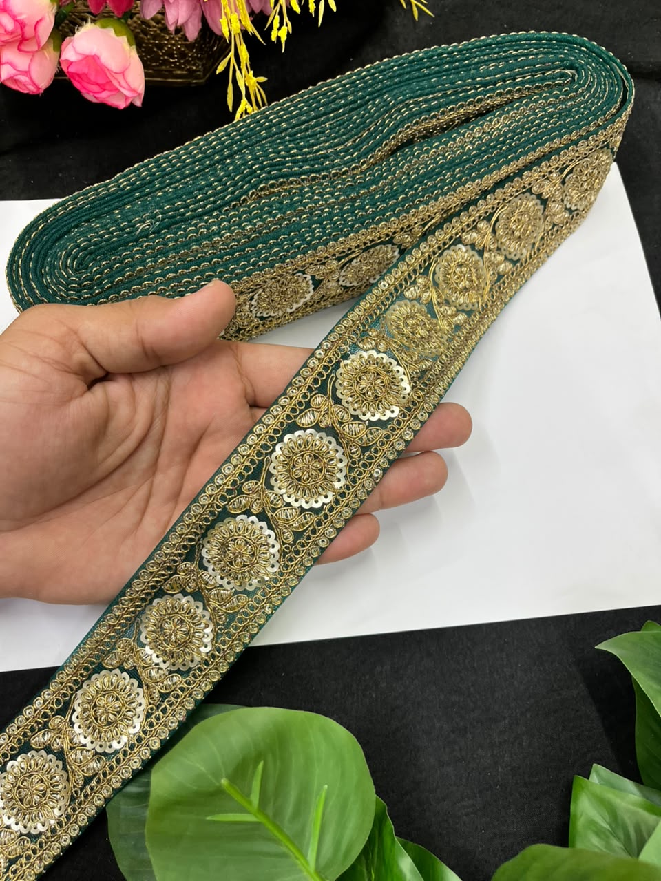 Golden Zari Embroidered Lace on Net Fabric for Sarees, Lehengas & Dupattas – Designer Embroidered Lace Border (1.5 Inch) | Dark Green