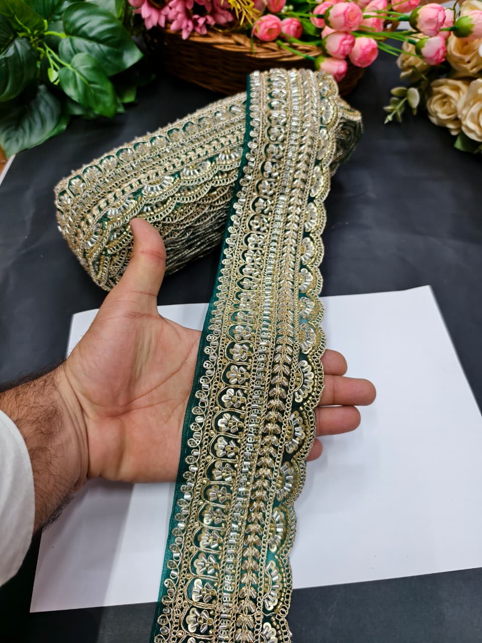 Exclusive Flower Embroidered Saree Lace Design – Premium Maggam Work Lace Border for Ethnic Wear | Dark Green