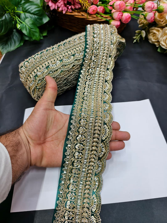 Exclusive Flower Embroidered Saree Lace Design – Premium Maggam Work Lace Border for Ethnic Wear | Dark Green