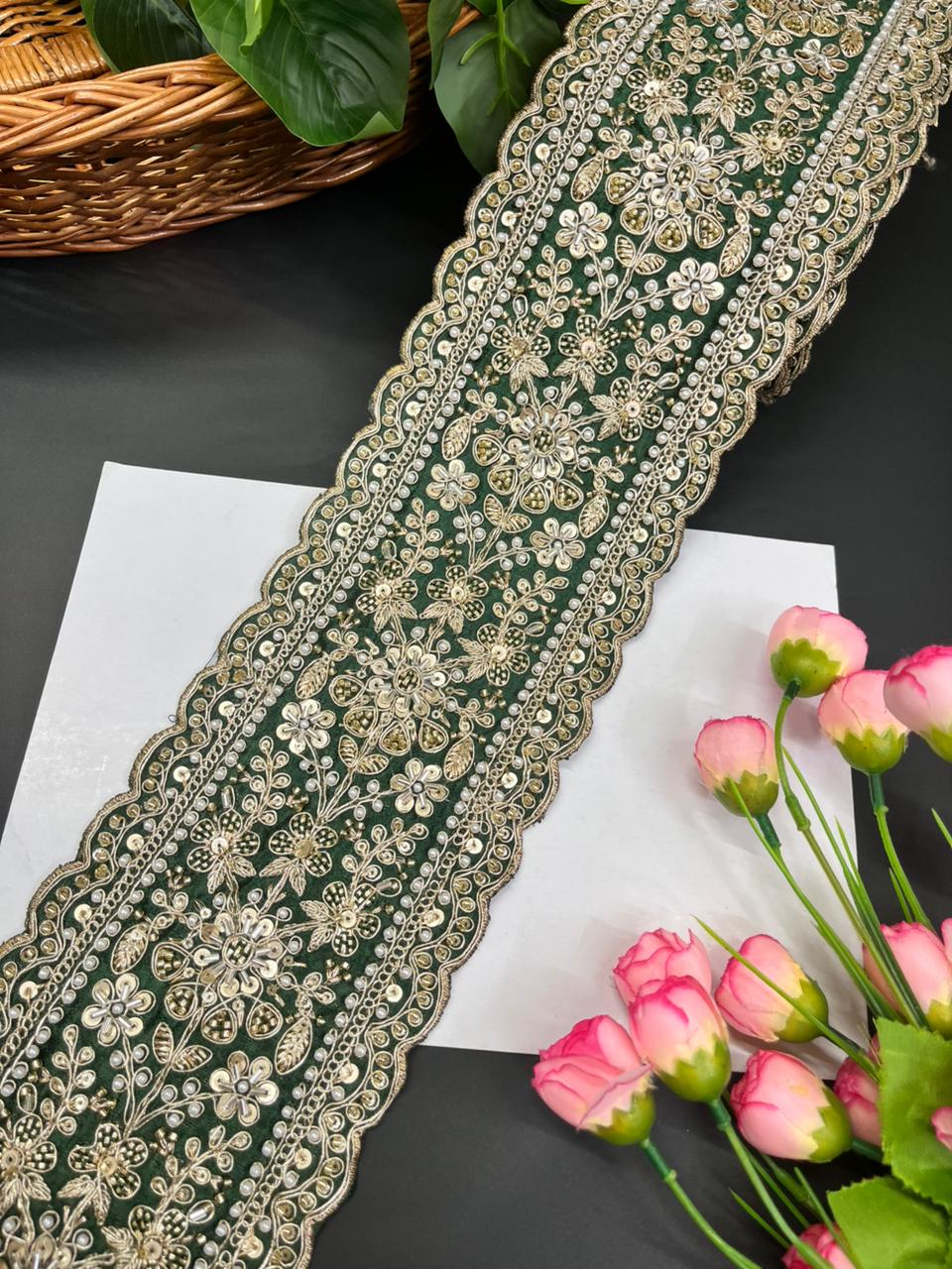 Exclusive Bridal Lace Collection – Premium Heavy Lehenga Border for Sarees, Dupattas & Wedding Outfits (9 Meter, 5 Inch Width) | Dark Green
