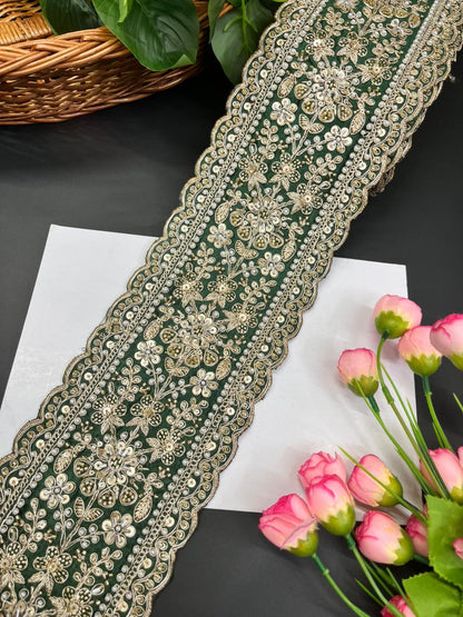 Exclusive Bridal Lace Collection – Premium Heavy Lehenga Border for Sarees, Dupattas & Wedding Outfits (9 Meter, 5 Inch Width) | Dark Green