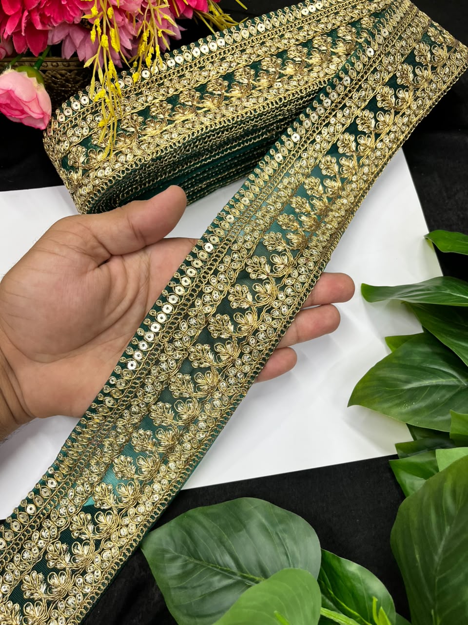 Golden Zari Embroidered Lace for Sarees, Lehengas & Dupattas – Premium Designer Embroidered Lace Border for Boutique Owners & Fashion Designers (3 Inch) | Dark Green
