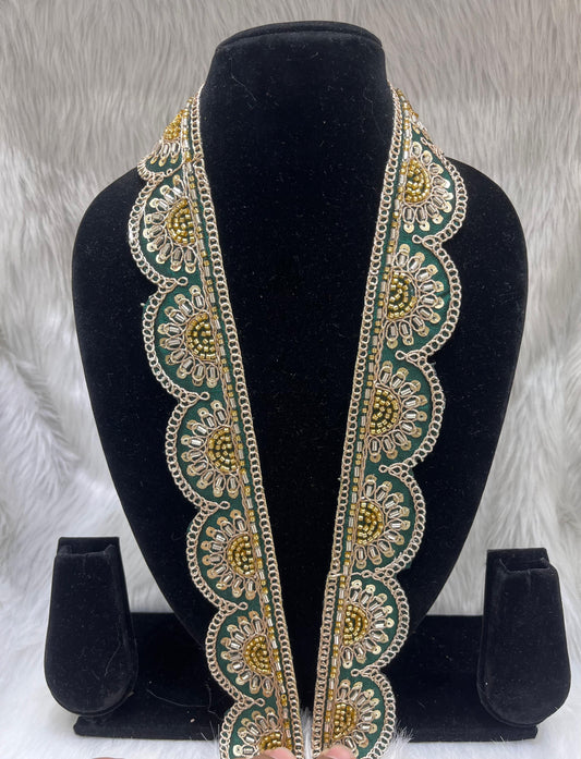 Designer Maggam Work Lace Border – 9 Meters, 1.5-Inch Width, Handcrafted Embroidery | Dark Green