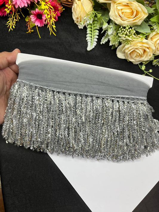 Sequence Fringe Lace | Western Imported Lace | Tassels Lace – Premium Designer Border Trim for Sarees, Lehengas & Gowns (9 Meter, 4 Inch Width) | Dark Grey