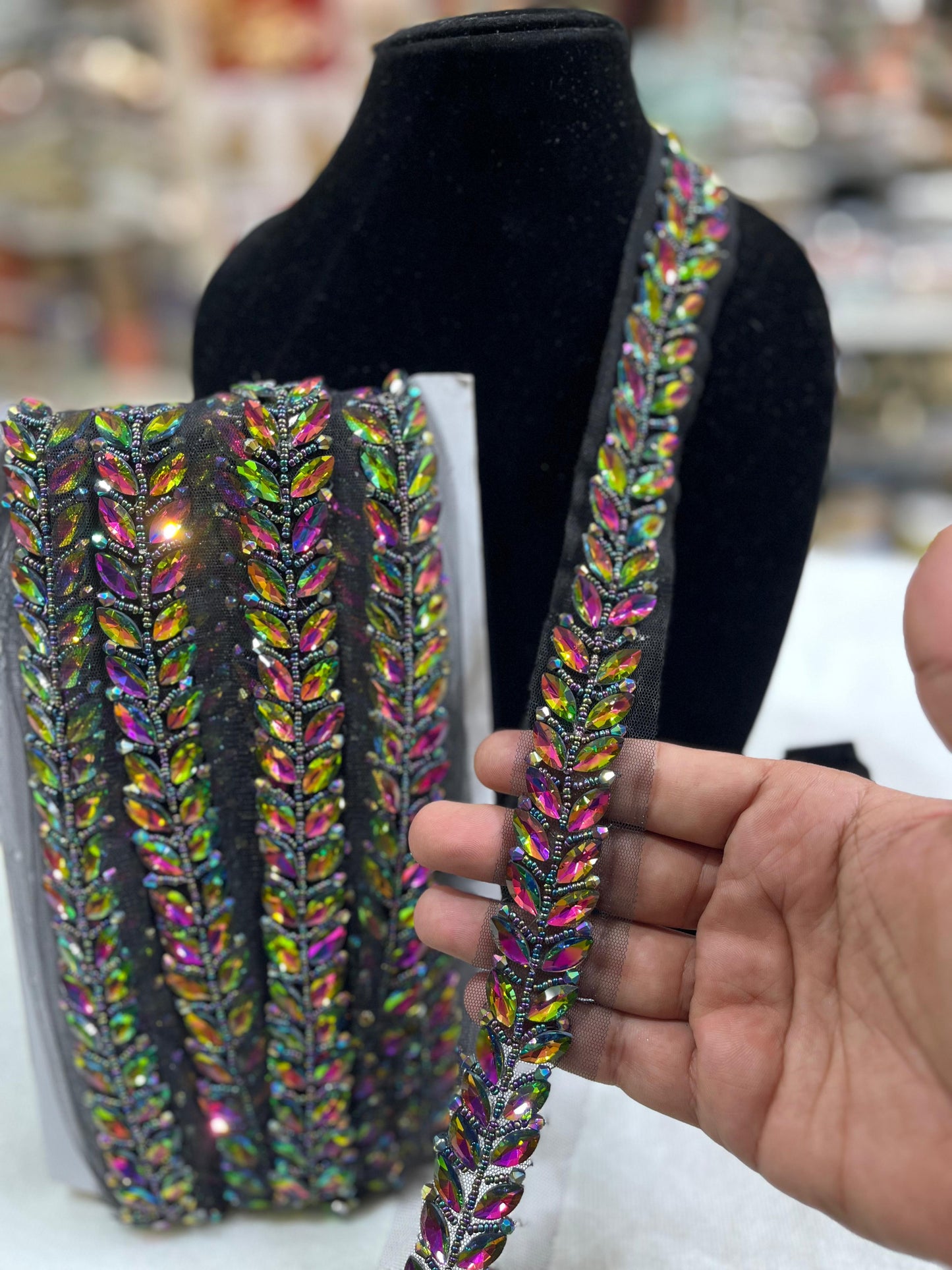 Crystal Stone Beaded Handmade Lace on Net Fabric – 9 Meters, 1-Inch Width | Dark Multi