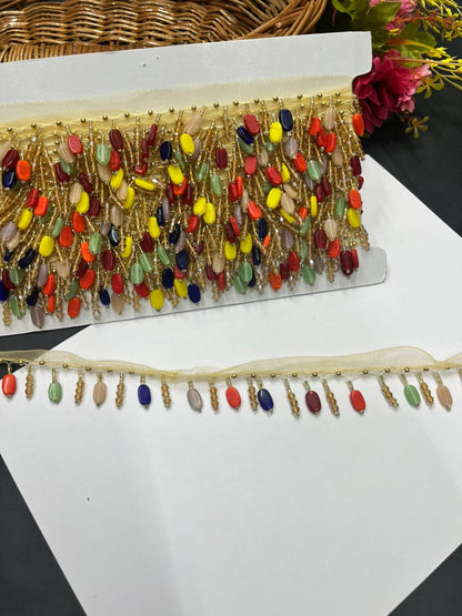 Crystal Hanging Lace – Decorative Latkan Lace for Sarees, Dupattas, and Dresses (9 mtr, 1 inch) | Dark Multi