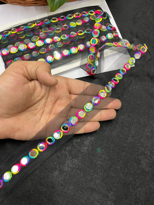 Real Mirror Laces – Designer Mirror Work Borders for Sarees, Dupattas & Lehengas (9 Meter, 0.5 Inch Width) | Dark Multi