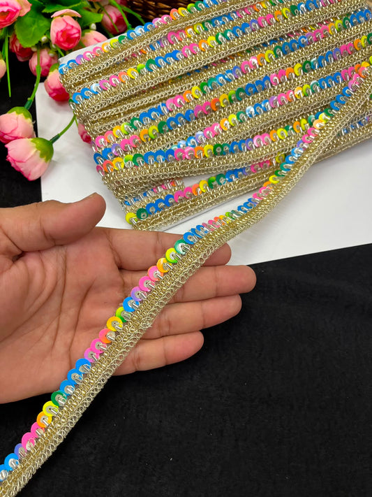 Sequence Embroidered Lace for Garments, Sarees, Lehengas & Dupattas – Designer Gold Embroidery Lace Border (Half Inch) | DC1035 | Dark Multi