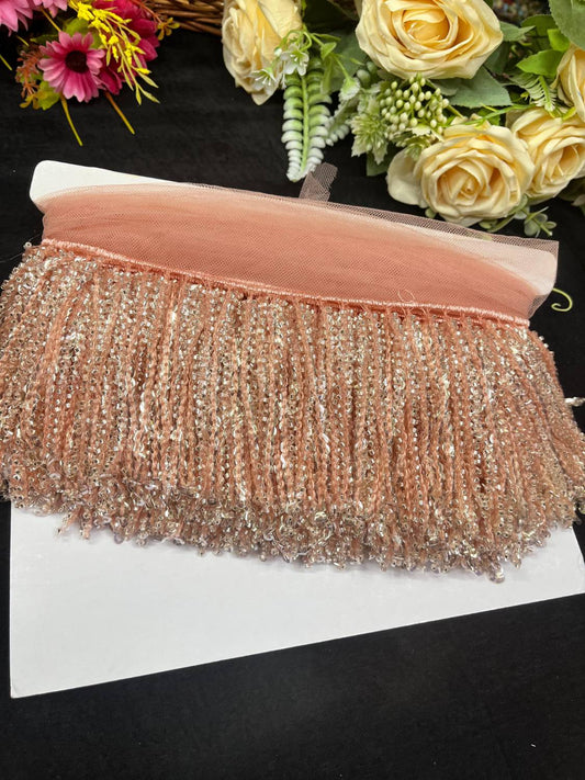 Sequence Fringe Lace | Western Imported Lace | Tassels Lace – Premium Designer Border Trim for Sarees, Lehengas & Gowns (9 Meter, 4 Inch Width) | Dark Peach