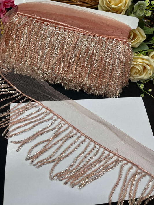 Sequence Fringe Lace | Western Imported Lace | Tassels Lace – Premium Designer Border Trim for Sarees, Lehengas & Gowns (9 Meter, 4 Inch Width) | Dark Peach