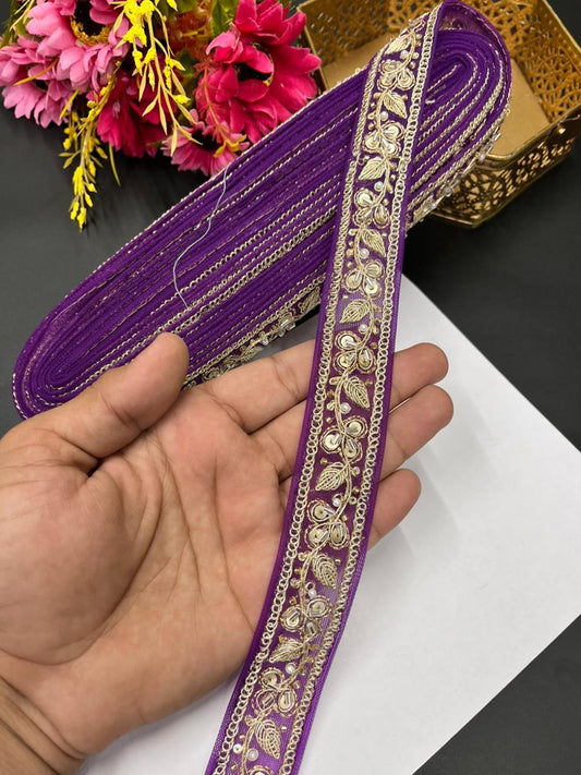 Pearl Zari Embroidered Net Lace – Designer Maggam Work Border for Sarees, Lehengas & Dupattas (9 Meter, 1 Inch Width) | Dark Purple