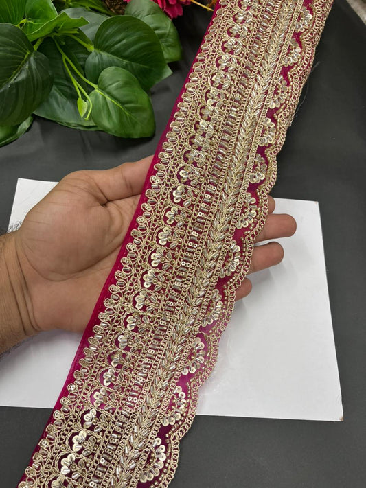 Exclusive Bridal Saree Laces & Borders on Net Fabric – Maggam Work Designer Trim for Sarees, Lehengas & Dupattas (9 Meter, 4 Inch Width) | Dark Rani