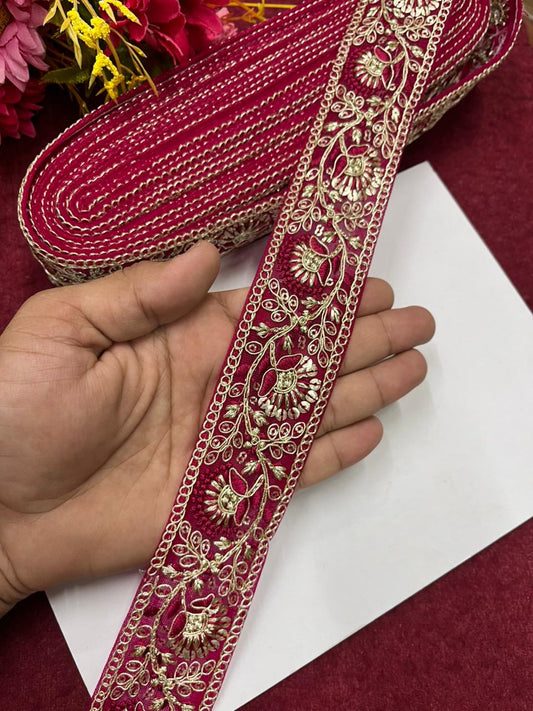 Sequins Work Zari Embroidered Laces – Premium Designer Borders for Sarees, Lehengas & Dupattas (9 Meter, 1.5 Inch Width) | Dark Rani