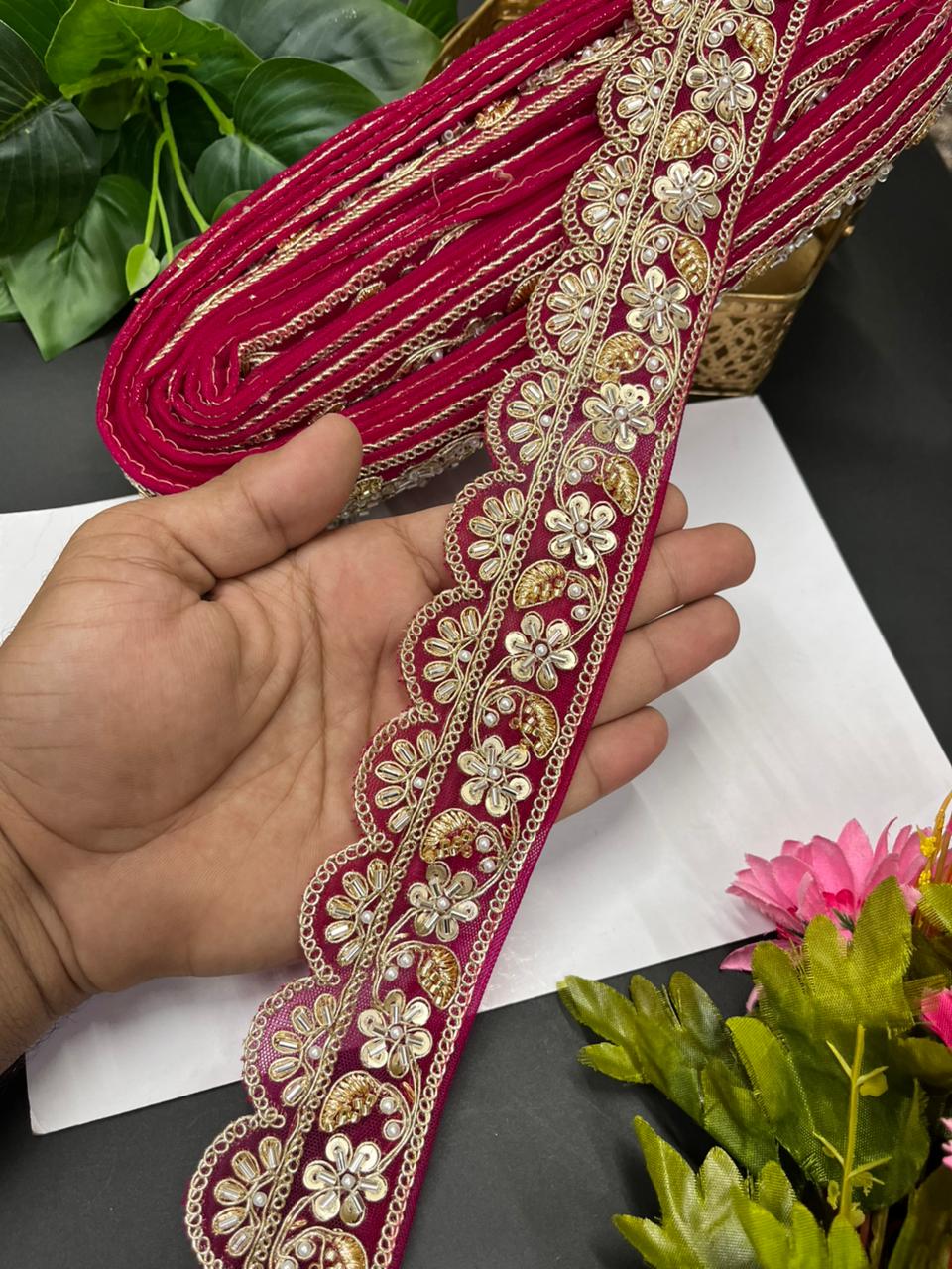 Exclusive Bridal Katdana Bead Work Laces – Designer Maggam Work Borders for Sarees, Lehengas & Dupattas (9 Meter, 2 Inch Width) | Dark Rani
