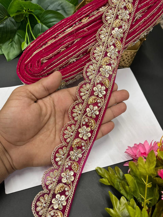 Exclusive Bridal Katdana Bead Work Laces – Designer Maggam Work Borders for Sarees, Lehengas & Dupattas (9 Meter, 2 Inch Width) | Dark Rani