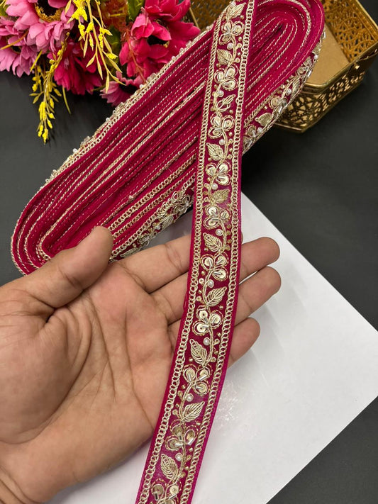 Pearl Zari Embroidered Net Lace – Designer Maggam Work Border for Sarees, Lehengas & Dupattas (9 Meter, 1 Inch Width) | Dark Rani