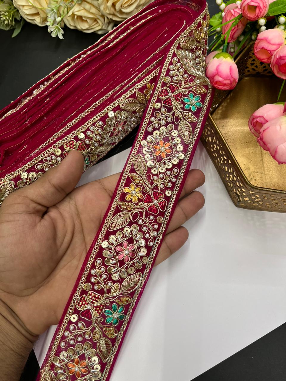 Designer Maggam Work Laces for Sarees – Premium 2 Inch Hand-Embellished Border for Lehengas, Dupattas & Bridal Wear (9 Meter) | Dark Rani