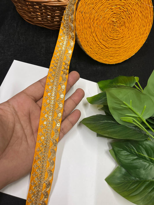 Gold Embroidered Saree Laces for Sarees, Kurtis, Dupattas, Dresses & Lehengas – 9 Meters, 1.25-Inch Decorative Border | Dark Yellow