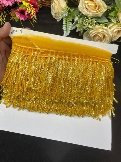 Sequence Fringe Lace | Western Imported Lace | Tassels Lace – Premium Designer Border Trim for Sarees, Lehengas & Gowns (9 Meter, 4 Inch Width) | Dark Yellow