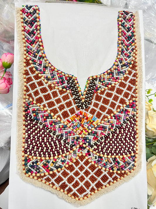 Multicoloured Wooden Work Boho Style Neck Patch for Kurtis, Dresses & Blouses – Designer Handmade Ethnic Neckline Applique | DC1007 | Design 10