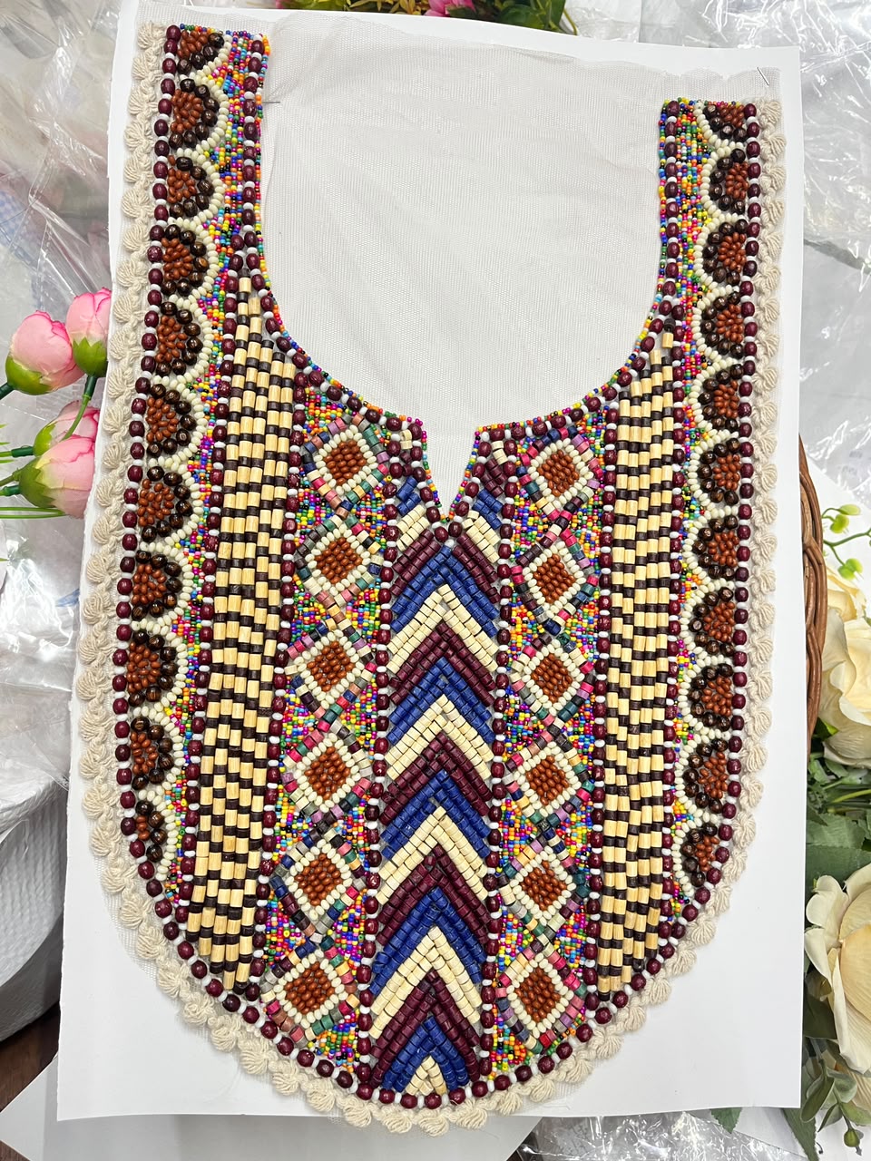 Multicoloured Wooden Work Boho Style Neck Patch for Kurtis, Dresses & Blouses – Designer Handmade Ethnic Neckline Applique | DC1007 | Design 11