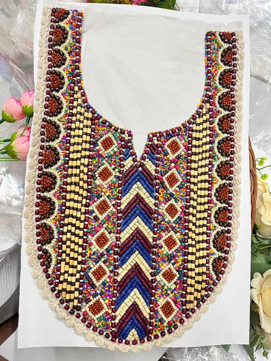 Multicoloured Wooden Work Boho Style Neck Patch for Kurtis, Dresses & Blouses – Designer Handmade Ethnic Neckline Applique | DC1007 | Design 11