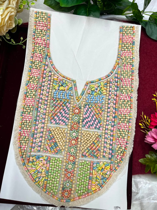 Multicoloured Wooden Work Boho Style Neck Patch for Kurtis, Dresses & Blouses – Designer Handmade Ethnic Neckline Applique | DC1007 | Design 1